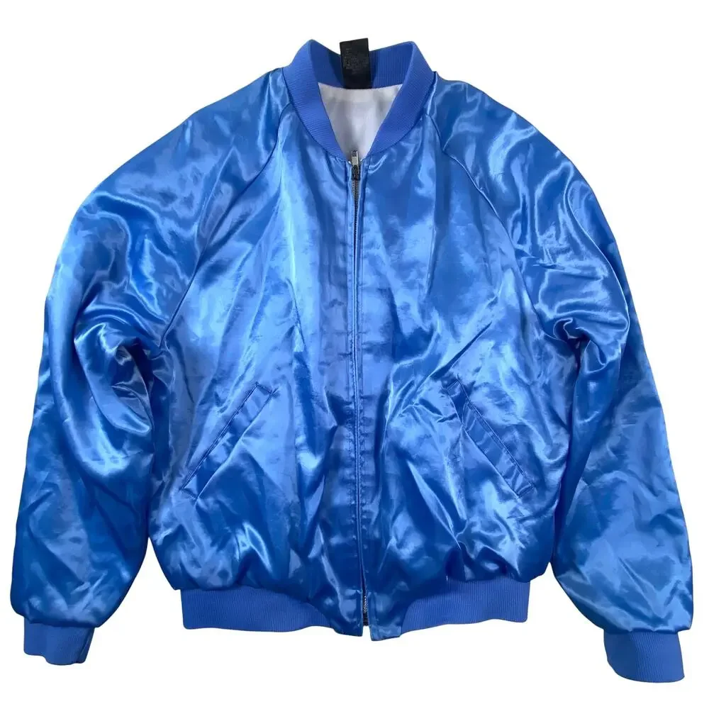 Margarita Ville Satin Bomber Jacket Mens M Blue Parrot Palm Bar Souvenir Vintage